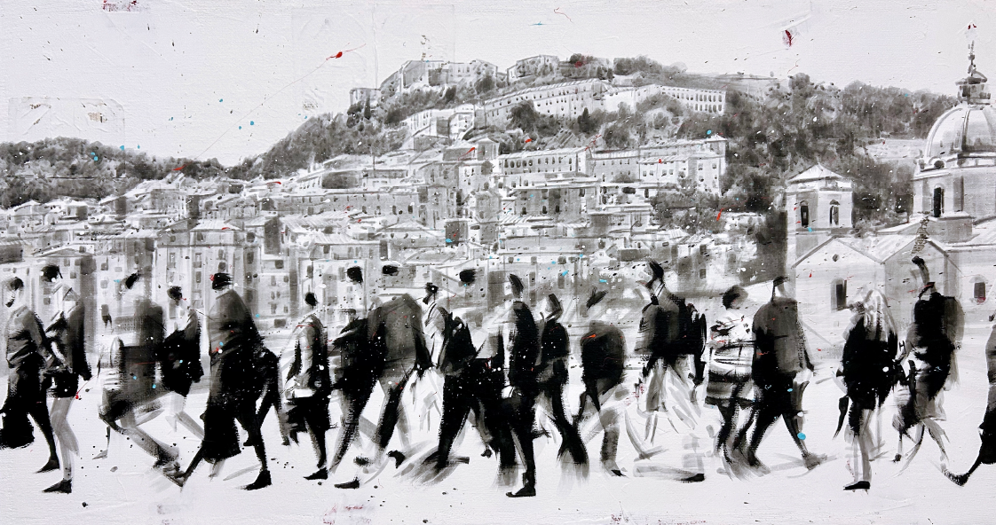 Federico Arcuri_walking in the old city_stampa digitale con intervento pittorico_80x150 cm Federico Arcuri_walking in the old city_stampa digitale con intervento pittorico_80x150 cm
